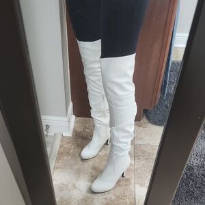Sleek White Over the Knee Boots with Medium Heel
